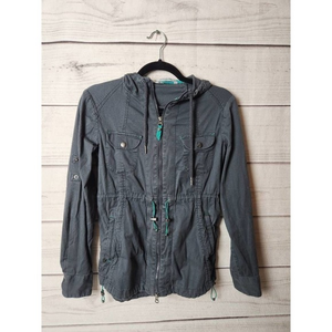 Athleta Womens Anorak Jacket Gray Zip Hooded Pockets Drawstring Waist Stretch XS